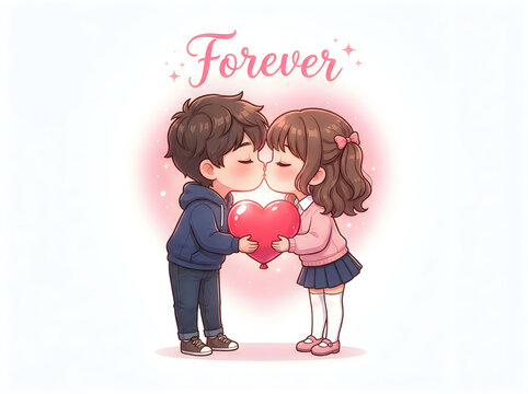 Cute boy and girl sharing a heart in a romantic cartoon scene