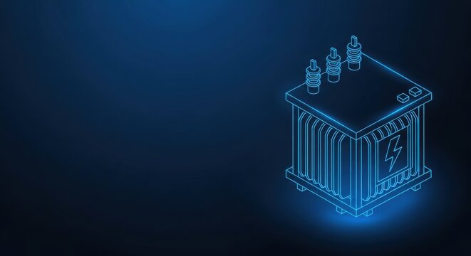 Detailed wireframe illustration of an electrical power transformer with glowing blue accents against a dark digital background