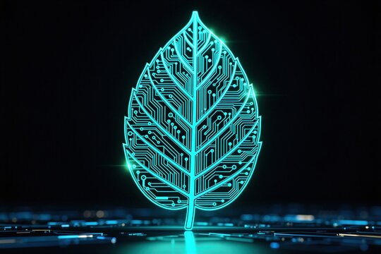 Glowing digital leaf made of circuit board patterns on dark background. Biotech icon represents green tech, eco innovation. Futuristic science concept merges nature with electronic hardware systems.
