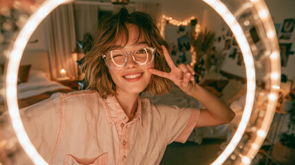 Fototapeta premium Young influencer poses for a selfie in a cozy bedroom using a ring light. She wears glasses and smiles warmly, flashing a peace sign.