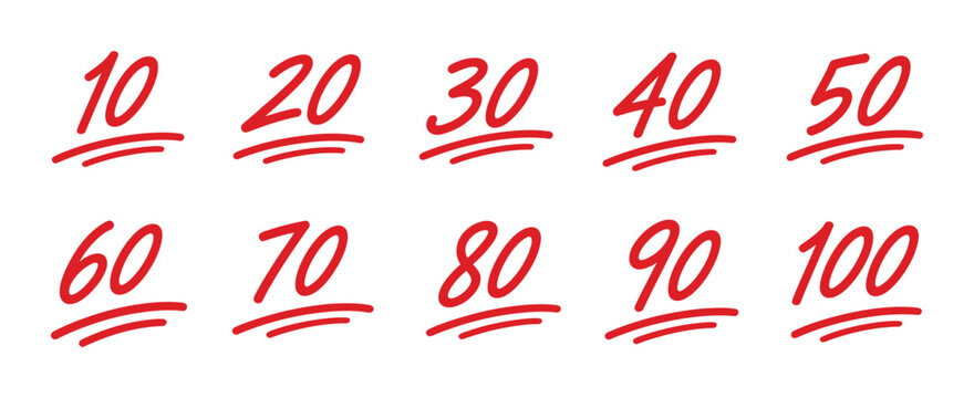 Hand drawn exam score illustrations featuring graded papers, marks, results and academic evaluation symbols for education