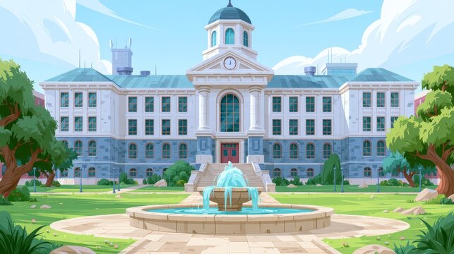 Modern Educational Building Exterior with School Entrance, Fountain, and Green Park &ndash; Cartoon Illustration