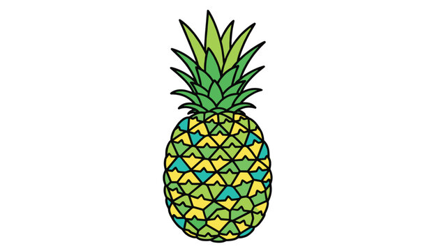 Hand drawn illustration of a fresh pineapple with colorful scale patterns in green, yellow, and turquoise.