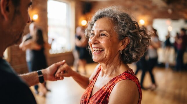 Mature woman dancing with partner in studio. Senior lady laughing during salsa class. Lifestyle of active aging, social hobby and recreation for older generation. Joyful exercise session.