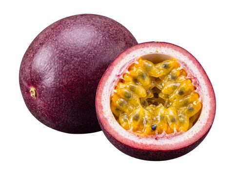 A beautifully ripened whole passion fruit positioned next to a vibrant half, exposing its juicy, golden pulp.