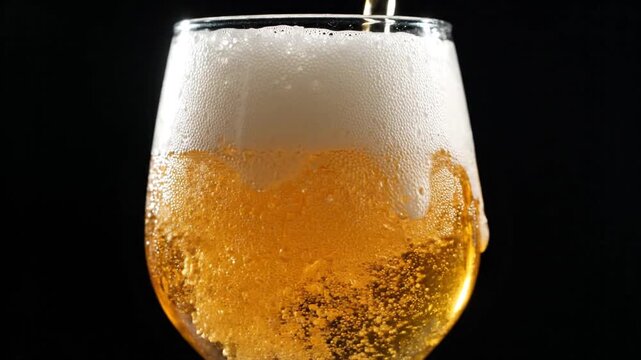 Close-up of golden beer pouring into a glass with frothy head and condensation, black background