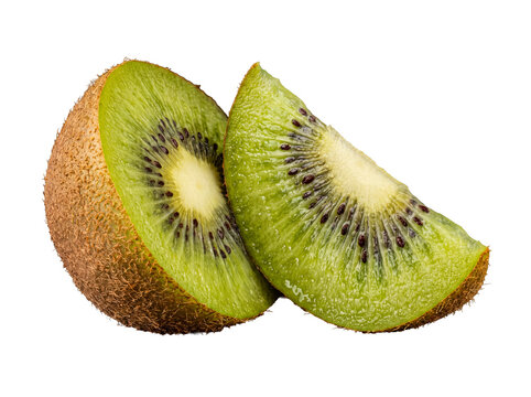 Freshly cut kiwi fruit, precisely split into two vibrant halves.