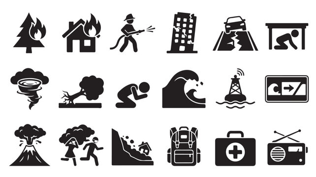 Natural disaster icons set, 18 emergency preparedness vector symbols, black and white catastrophe signs for safety manuals and risk management