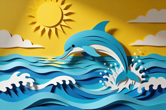 Blue paper cut dolphin jumps from ocean water waves. Bright yellow sun shines in sky with white clouds. Handcrafted art style scene shows sea animal movement. Summer travel theme design for creative