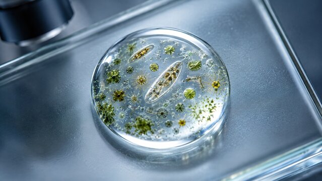 Drop of pond water containing microorganisms on glass slide under microscope. Biological research of protozoa and bacteria. Development of innovative science laboratory diagnostics.