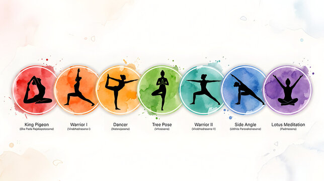 Set of colorful circular icons showing yoga poses silhouettes