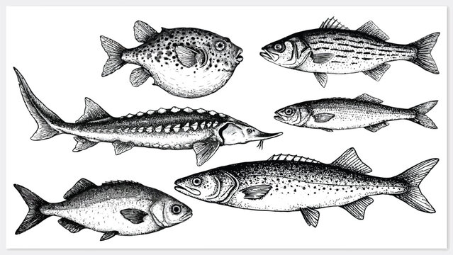 Vintage fish sketch vector set, hand drawn marine and freshwater wild animals collection with pufferfish sturgeon bass and trout isolated on white background