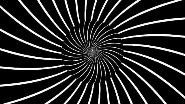 A black and white hypnotic spiral optical illusion with radiating curved lines creating a dizzying visual effect, drawing the viewer's eye inward.