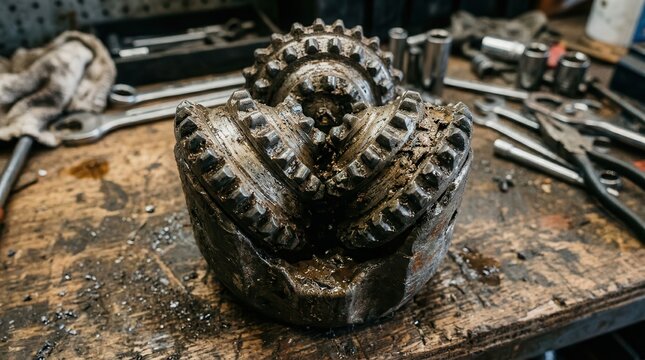Industrial Tricone Drill Bit Resting on a Worn Workshop Workbench Surrounded by Assorted Metal Tools and Mechanical Equipment