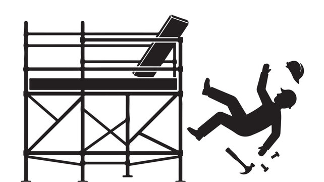 Construction worker falling from scaffolding vector icon, industrial workplace accident and safety hazard sign, black silhouette of man falling from height