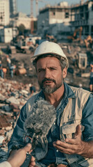 Fototapeta premium Construction Site Interview: A male construction worker in a hard hat and vest speaks into a microphone at a bustling construction site, discussing the project's progress and challenges.