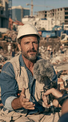 Fototapeta premium Construction Worker Interview: A grizzled construction worker in a hard hat and vest speaks into a microphone at a busy construction site.