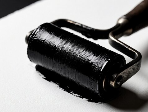 Close up of black ink on white paper from linocut print. Metal roller with thick texture leaves marks on surface. Manual art craft process shows creative graphic design tools for printmaking in