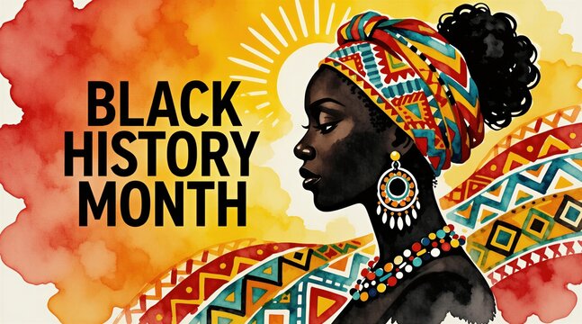 Black History Month banner features profile silhouette of African American woman. Watercolor art shows sun, abstract patterns. Celebrates heritage, culture, and progress.