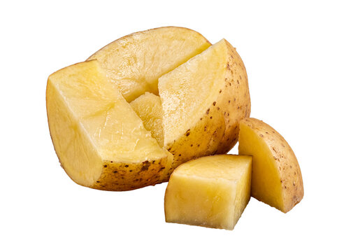 Realistic photograph of a raw potato, expertly chopped into irregular pieces ready for cooking preparation.