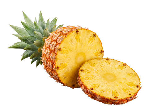 Vibrant fresh pineapple, ripe and juicy, expertly cut to reveal one perfect circular slice on a transparent background.