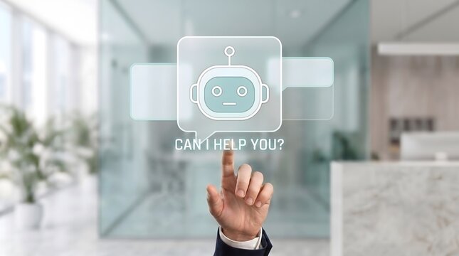 Hand pressing chatbot icon asking "Can I help you?"