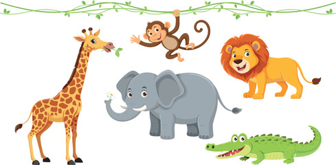 Naklejka premium Cute Jungle Safari Animal Vector Illustration Set with Lion, Elephant, Giraffe, Monkey, and Crocodile for Kids Nursery Decor and Baby Bedroom Wall Designs