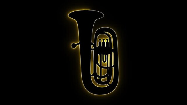 Bright glowing yellow neon tuba outline graphic animation. Vibrant gold musical brass instrument icon shimmering on dark background for orchestra, jazz band, concert, sound, and visual projects.
