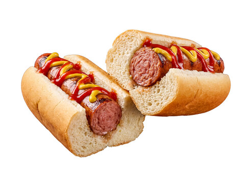 Delicious hot dog, split in two halves in a bun with ketchup and mustard, isolated on transparent background.