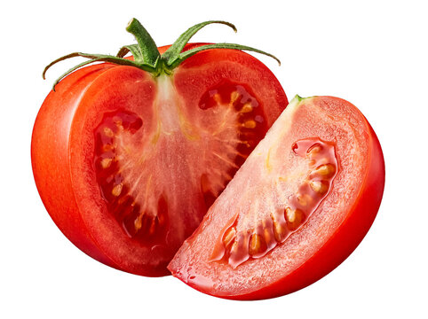 Fresh ripe red tomato cut in half with an attached stem and a juicy wedge, showcasing its vibrant interior and seeds.