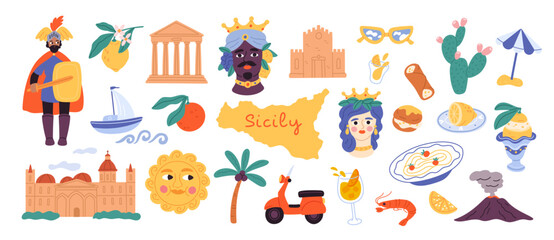 Fototapeta premium Mediterranean sicilian summer. Travel elements with landmarks, Italian food, citrus, volcano, beach and cultural symbols, local culture and tourism symbol garish vector cartoon isolated set