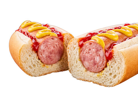 Delicious grilled sausage hot dog, sliced in half, generously topped with mustard and ketchup.