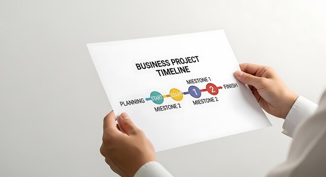 A person holding a business project timeline chart against a plain white background