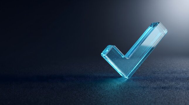 Glass checkmark symbol with blue light on dark textured surface
