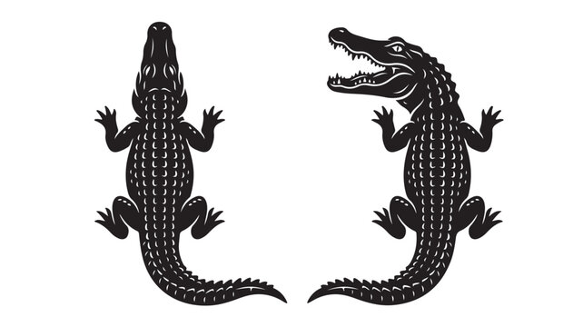 Vintage alligator woodcut illustrations, black and white crocodile vector set, hand drawn reptile silhouettes for outdoor branding and mascot design
