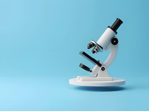 White modern microscope for science, education, and laboratory research, isolated on blue background