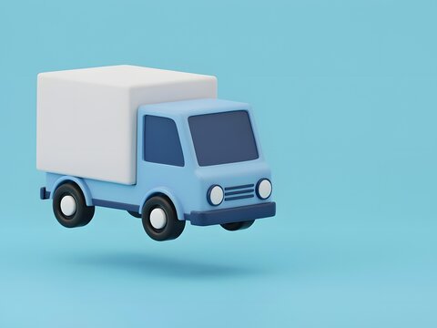 Light blue 3D delivery truck for logistics and shipping services, isolated on blue background