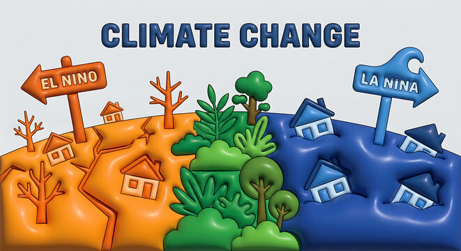 Climate change infographics illustration showing El Ni&ntilde;o drought and La Ni&ntilde;a flood extremes on a curved landscape. Inflated 3D plastic style artwork featuring split weather patterns.