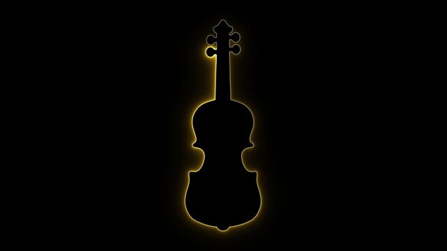 Vibrant glowing yellow neon violin outline graphic animation. Bright golden stringed musical instrument icon shining on dark background for orchestra, classical music, concert, sound visual projects.