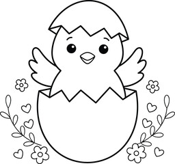 Fototapeta premium Cute Coloring Page Featuring a Happy Baby Chick Hatching from an Egg with Spring Flowers and Hearts for Kids Activity Books