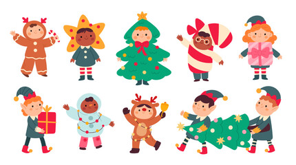 Naklejka premium Children in christmas costumes. Cute kids in festive clothes, reindeer, elf, tree, gift box, gingerbread and candy cane, winter holiday party celebration garish vector cartoon isolated set