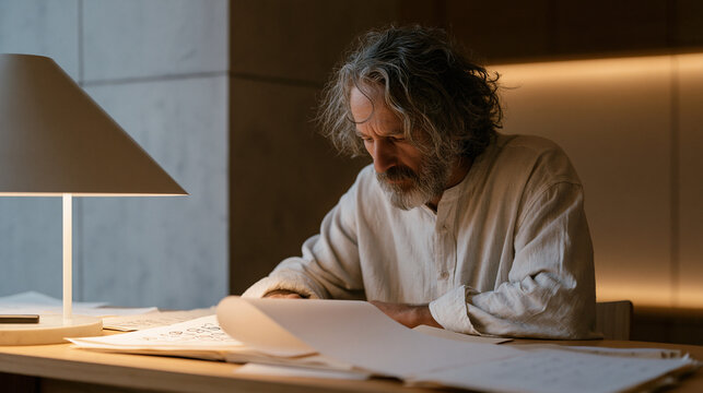 Numerologist alone in a sparse deserted reading room, charts and calculation sheets spread across the table, single lamp illuminating hand-drawn number grids in an otherwise empty