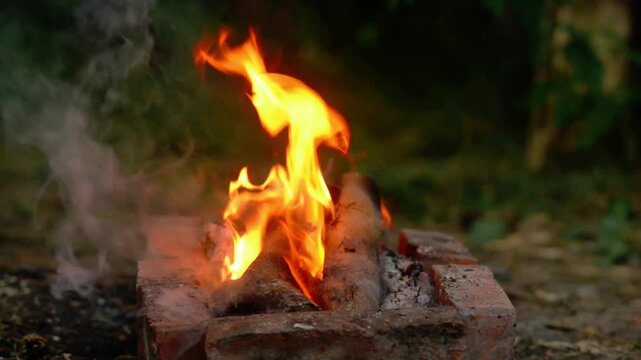 Bright campfire burning in simple brick pit with natural audio crackling soundscape in forest. Video background for bushcraft outdoor survival, cozy camp, relaxing fire flames video.