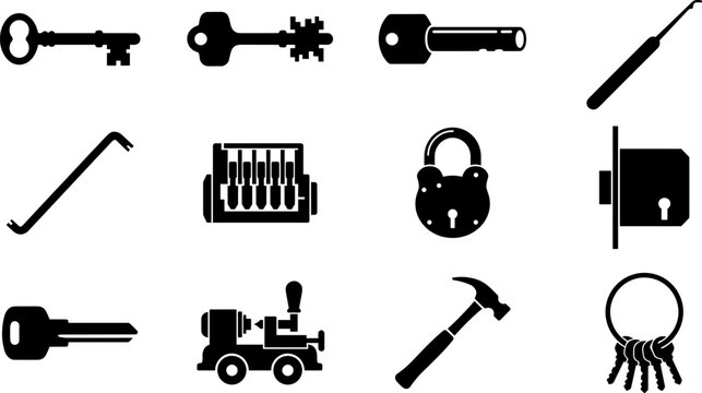 Locksmith Tools and Key Duplication Equipment Black Glyph Icons Set