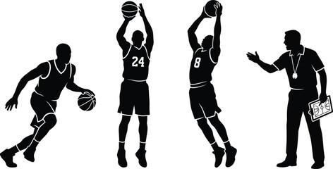 Basketball Players and Coach Silhouettes Set Dribbling Shooting and Directing Game Action © uzzala
