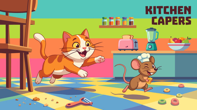 Playful cartoon cat chasing clever little mouse across colorful kitchen, humorous expressions, lively action, cheerful family atmosphere, original characters, vibrant vector illustration.