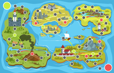 Obraz premium Board fantasy map game. Fantasy adventure design, islands, castles, villages, mountains and quest routes, windmill and ship, rpg travel progression, qualitative vector cartoon concept