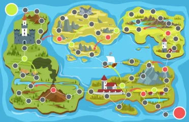 Board fantasy map game. Fantasy adventure design, islands, castles, villages, mountains and quest routes, windmill and ship, rpg travel progression, qualitative vector cartoon concept © YummyBuum