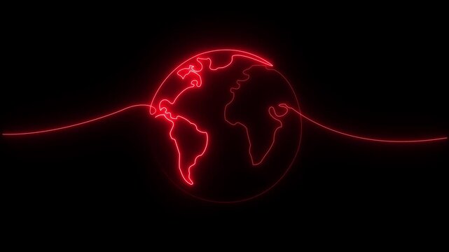 glowing neon blue World map animation shows a single line drawing animating a world globe outline.Motion graphics of concept black background. 4k video