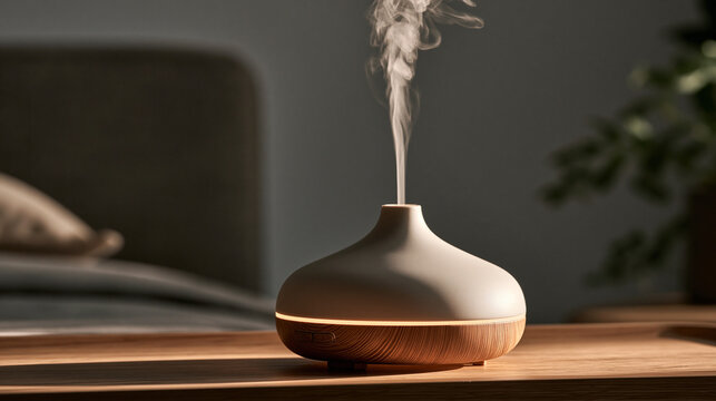 Aroma Diffuser in Serene Bedroom: An elegant aroma diffuser gently releases a plume of fragrant mist, creating a tranquil atmosphere in a softly lit bedroom.